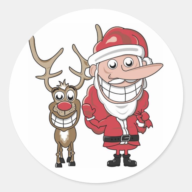 Funny Cartoon Santa and Rudolph Classic Round Sticker (Front)