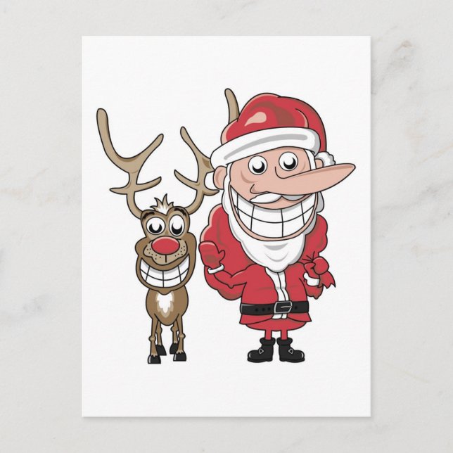 Funny Cartoon Santa and Rudolph Holiday Postcard (Front)