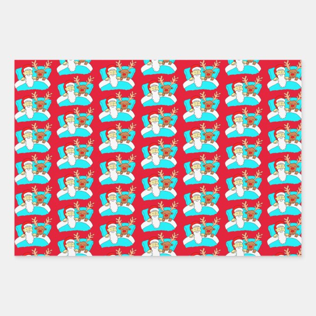 Funny Cartoon Santa, Reindeer and Toilet Roll Wrapping Paper Sheets (Front)