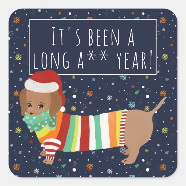 Funny Cartoon Sausage Dog Long Year Christmas 2020 Square Sticker (Front)