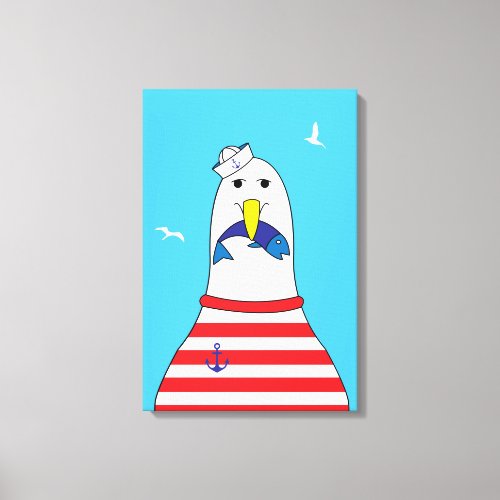 Funny Cartoon Seagull Bird Kids Beach Themed Canvas Print