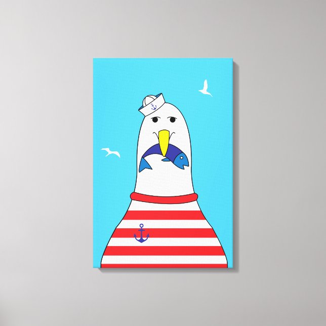 Funny Cartoon Seagull Bird Kids Beach Themed Canvas Print (Front)