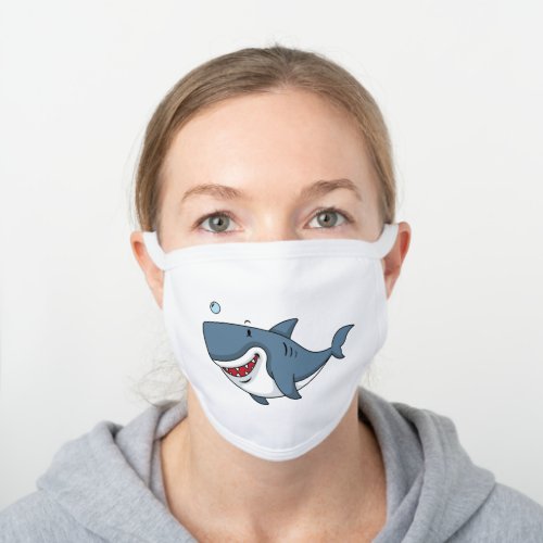 Funny Cartoon Shark Swimming In Ocean White Cotton Face Mask