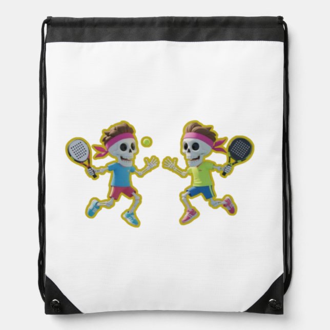 Funny Cartoon Skeletons Playing Padel Tennis – 3D  Drawstring Bag (Front)