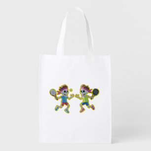 Funny Cartoon Skeletons Playing Padel Tennis – 3D Grocery Bag