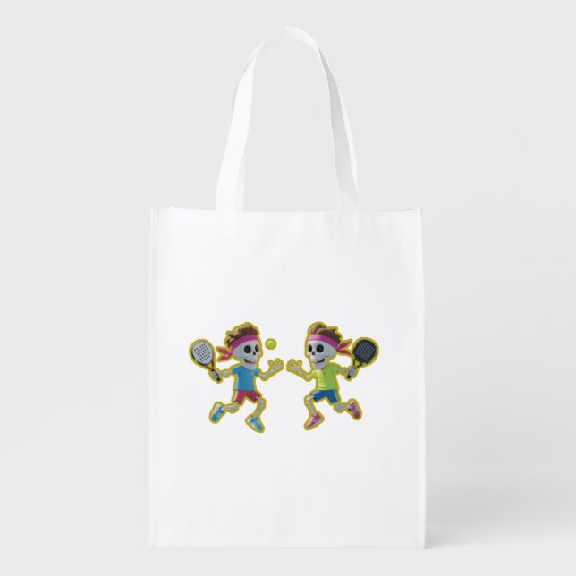 Funny Cartoon Skeletons Playing Padel Tennis – 3D  Grocery Bag (Front)