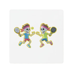 Funny Cartoon Skeletons Playing Padel Tennis – 3D Metal Print