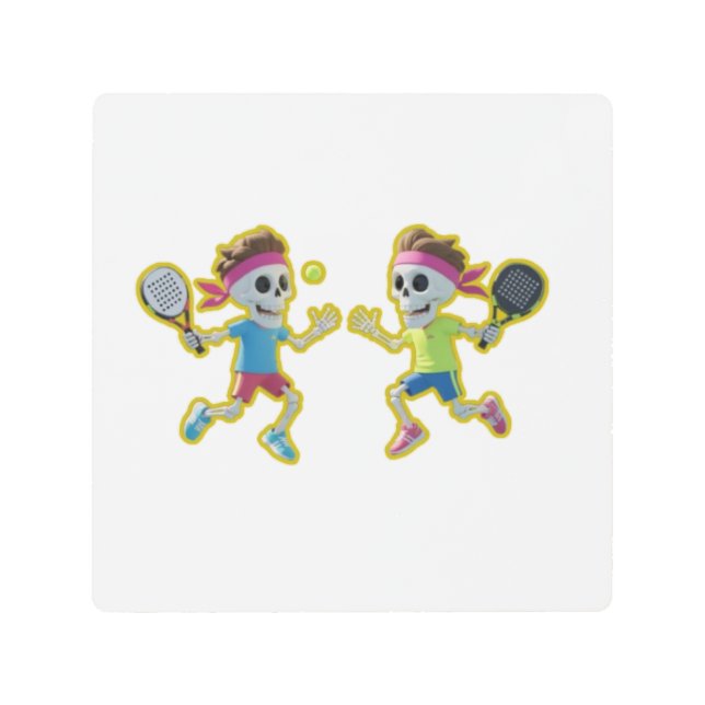 Funny Cartoon Skeletons Playing Padel Tennis – 3D  Metal Print (Front)