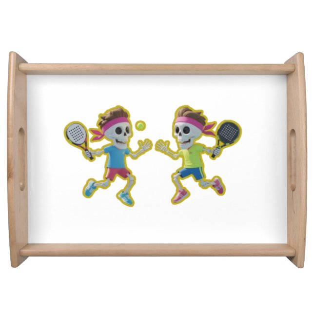 Funny Cartoon Skeletons Playing Padel Tennis – 3D  Serving Tray (Front)