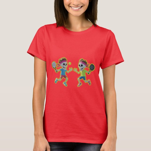 Funny Cartoon Skeletons Playing Padel Tennis – 3D  T-Shirt (Front)