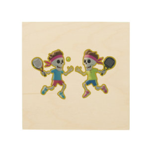 Funny Cartoon Skeletons Playing Padel Tennis – 3D Wood Wall Art