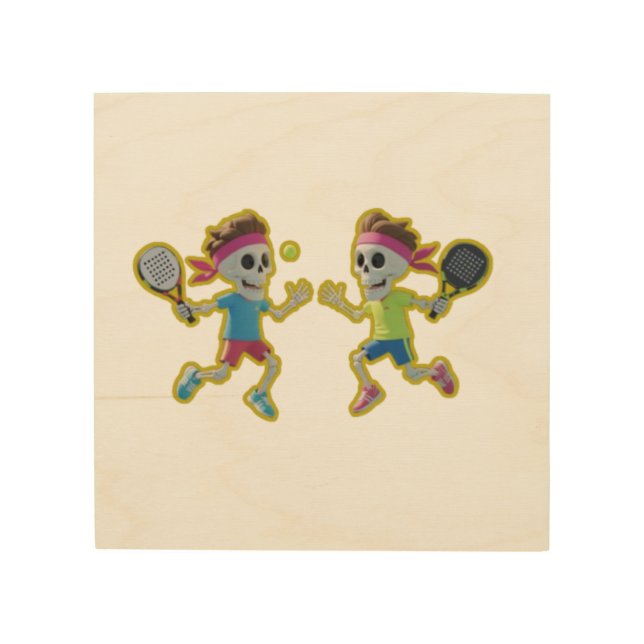 Funny Cartoon Skeletons Playing Padel Tennis – 3D  Wood Wall Art (Front)