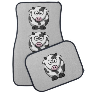 Funny Cartoon Spotted Cow on Gray Car Mat