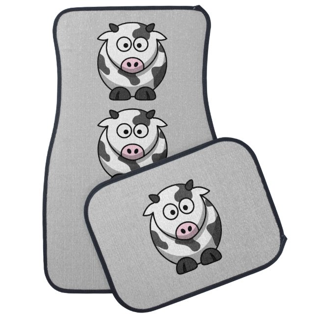 Funny Cartoon Spotted Cow on Gray Car Mat (Set)