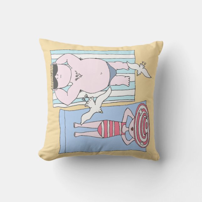 Funny Cartoon Sunbathers Outdoor Pillow (Front)
