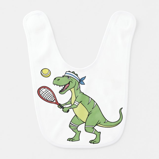  Funny Cartoon T-Rex Playing Tennis Dinosaur Baby Bib (Front)