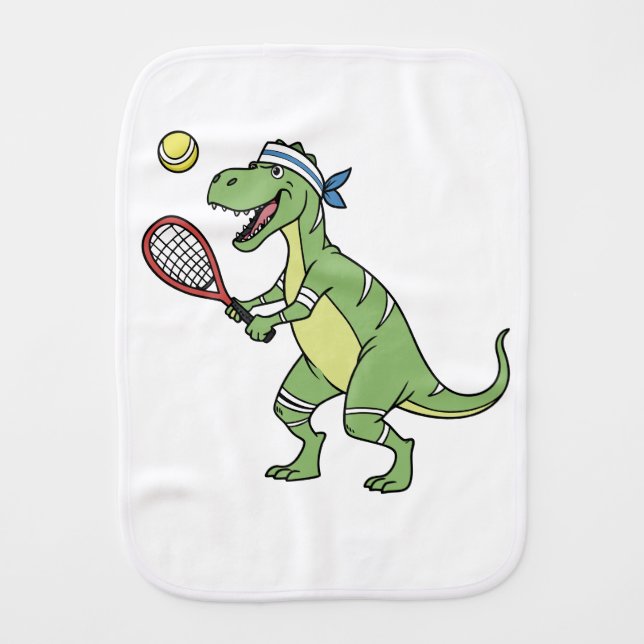  Funny Cartoon T-Rex Playing Tennis Dinosaur Baby Burp Cloth (Front)