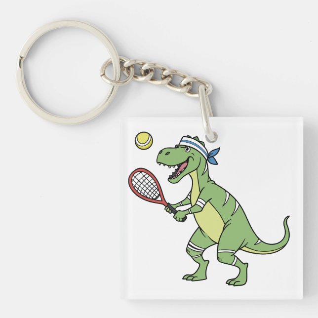  Funny Cartoon T-Rex Playing Tennis Dinosaur Keychain (Front)