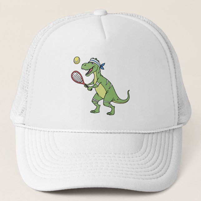  Funny Cartoon T-Rex Playing Tennis Dinosaur Trucker Hat (Front)