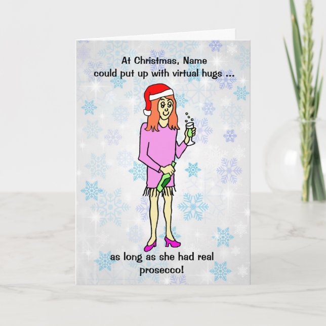 Funny Cartoon Virtual Hugs Prosecco Christmas Card (Front)