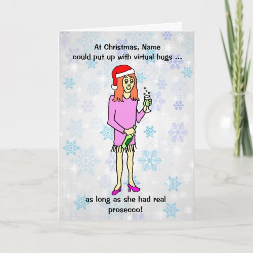 Funny Cartoon Virtual Hugs Prosecco Christmas Card