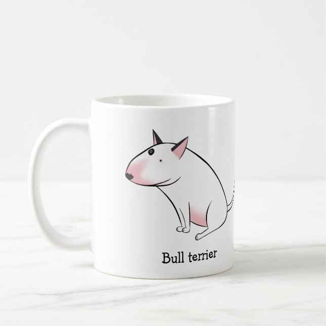 Funny cartoon white bull terrier coffee mug (Left)