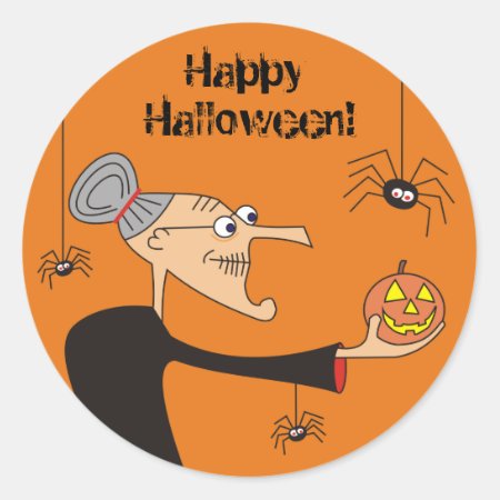 Funny Cartoon Witch Halloween Stickers,orange Classic Round Sticker