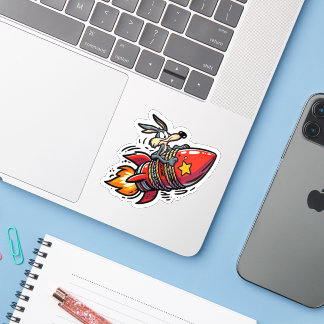 Funny Cartoon Wolf on Rocket Sticker - Retro Acme 