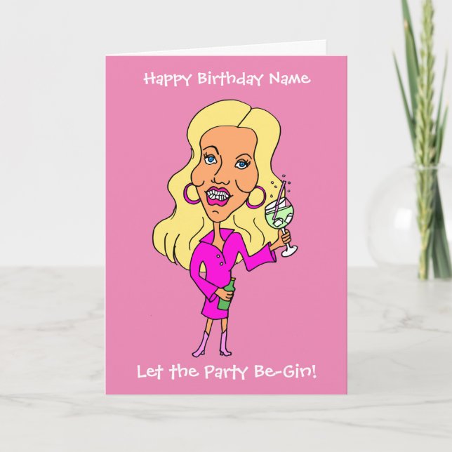 Funny Cartoon Woman Drinking Gin Blond Birthday Card (Front)