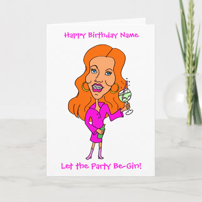 Funny Cartoon Woman Drinking Gin Redhead Birthday Card | Zazzle