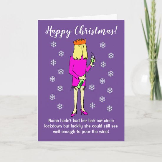 Funny Cartoon Woman Drinking Wine Christmas Card