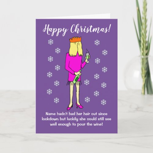 Funny Cartoon Woman Drinking Wine Christmas Card