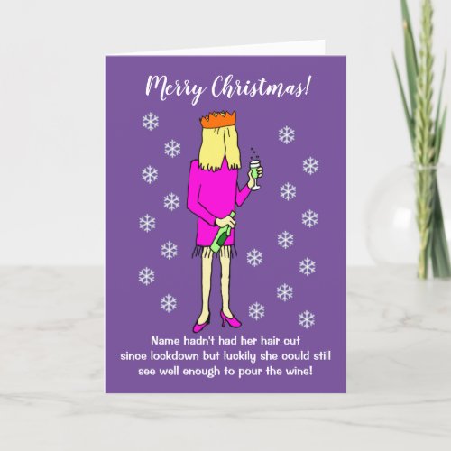 Funny Cartoon Woman Drinking Wine Christmas Holiday Card
