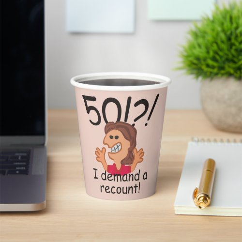Funny Cartoon Woman Recount 50th Birthday Paper Cups
