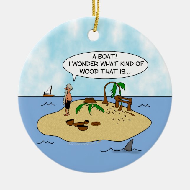 Funny Cartoon Woodturner on Deserted Island Ceramic Ornament (Front)