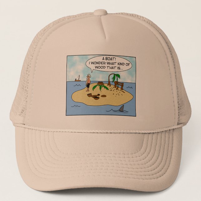 Funny Cartoon Woodturner on Deserted Island Trucker Hat (Front)