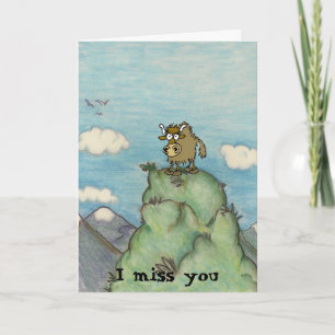 Funny cartoon yak on mountain top. card