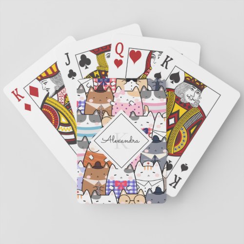 Funny Cartoonish Cats Kitten Pattern Monogram Kids Playing Cards