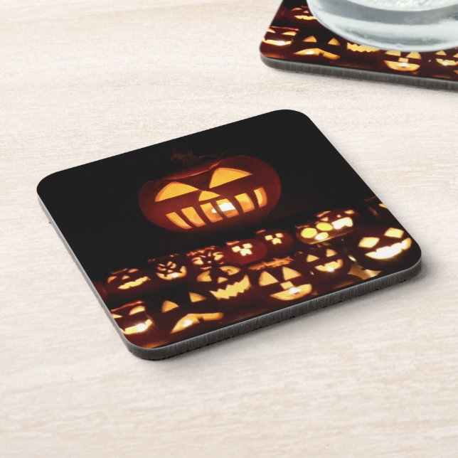 Funny Carved Pumpkins Jack O'Lantern Halloween Beverage Coaster (Left Side)