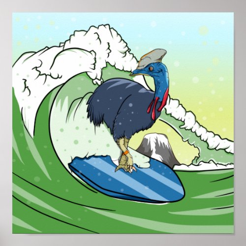 Funny Cassowary Surfing Poster