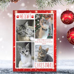 Funny Cat 4 Photo Collage MEOWY CHRISTMAS Red Holiday Card<br><div class="desc">Funny cat photo holiday greeting card featuring 4 pictures with the greeting MEOWY CHRISTMAS (or your custom greeting) in modern hand-lettered typography accented with cat paw prints against a white and red background with lights and stars. ASSISTANCE: For help with design modification or personalization, color change, resizing, transferring the design...</div>