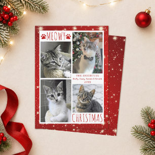 Funny Cat 4 Photo Collage MEOWY CHRISTMAS Red Holiday Card