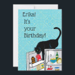 Funny Cat 9 Lives Personalized Birthday  Card<br><div class="desc">It's your birthday! Go ahead, act like it's the first of your nine lives. A wicked black cat gets the fridge open goes for the dream, I mean cream.  Turquoise tiles and detailed refrigerator content add to the charm and humor of this card. Your cat lover friends will absolutely get...</div>