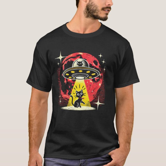 Funny Cat Alien Abduction Retro UFO Encounter Sci- T-Shirt (Front)