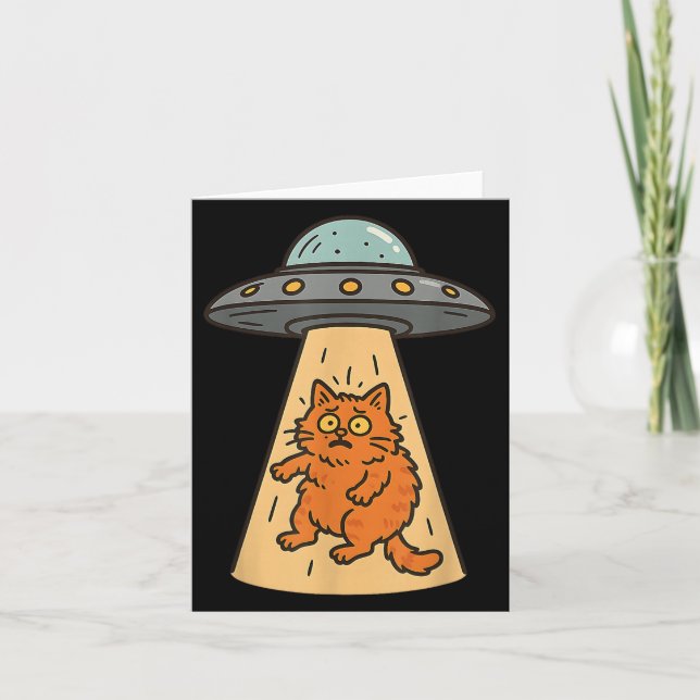 Funny Cat Alien Abduction Ufo Spaceship Kitty Sci  Card (Front)