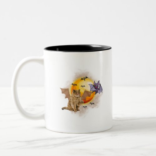 Funny Cat and Bat Halloween Two_Tone Coffee Mug