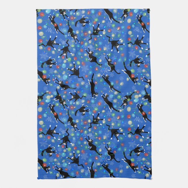 Funny Cat and Christmas lights pattern Kitchen Towel (Vertical)