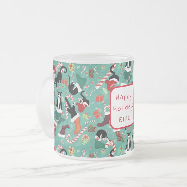 Funny Cat and Christmas Stocking Frosted Glass Coffee Mug (Front Left)