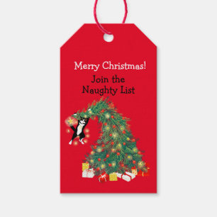 Funny Cat and Christmas Tree Naughty List Gift Tags