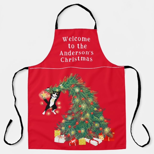 Funny Cat and Christmas Tree Personalized Red  Apron (Front)